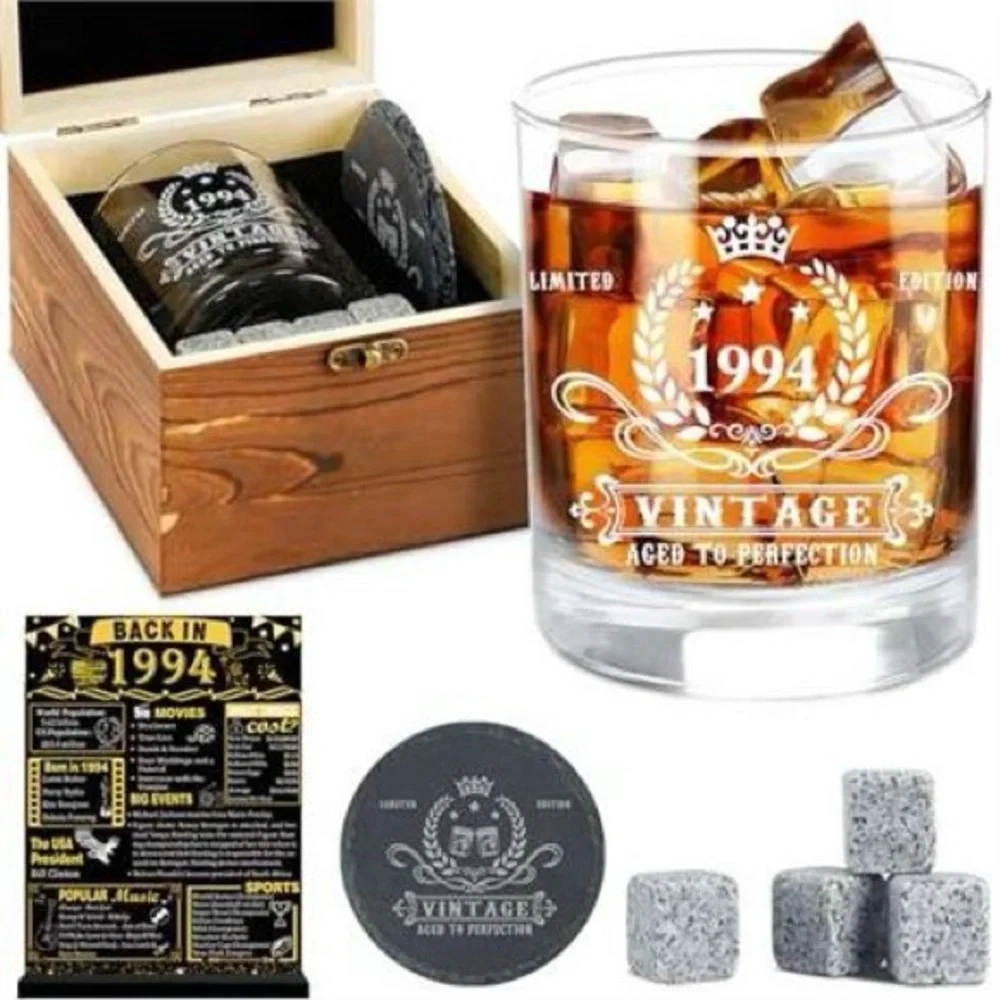 Vintage 1994 Whiskey Glass Set with Wooden Box